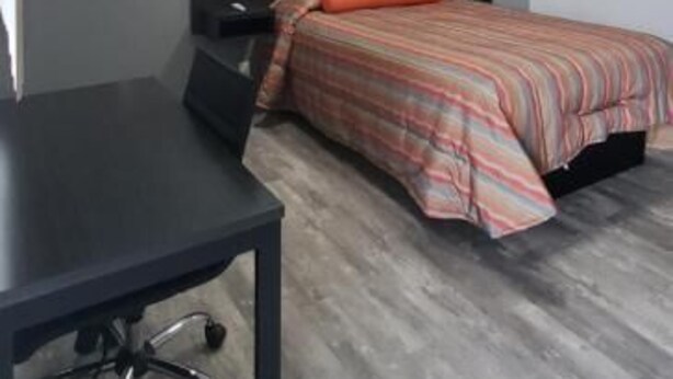 A bedroom with a bed, a desk, and a chair. - Villa Rosa Motel (Painesville)