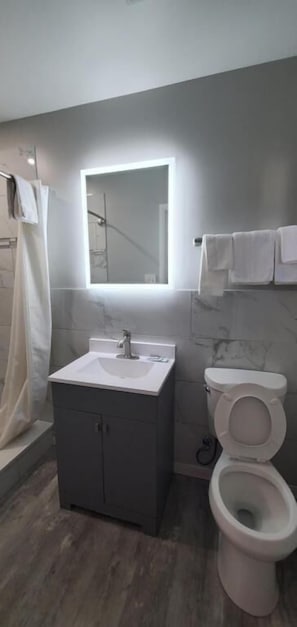 Un baño con tocador, lavabo, espejo y retrete.