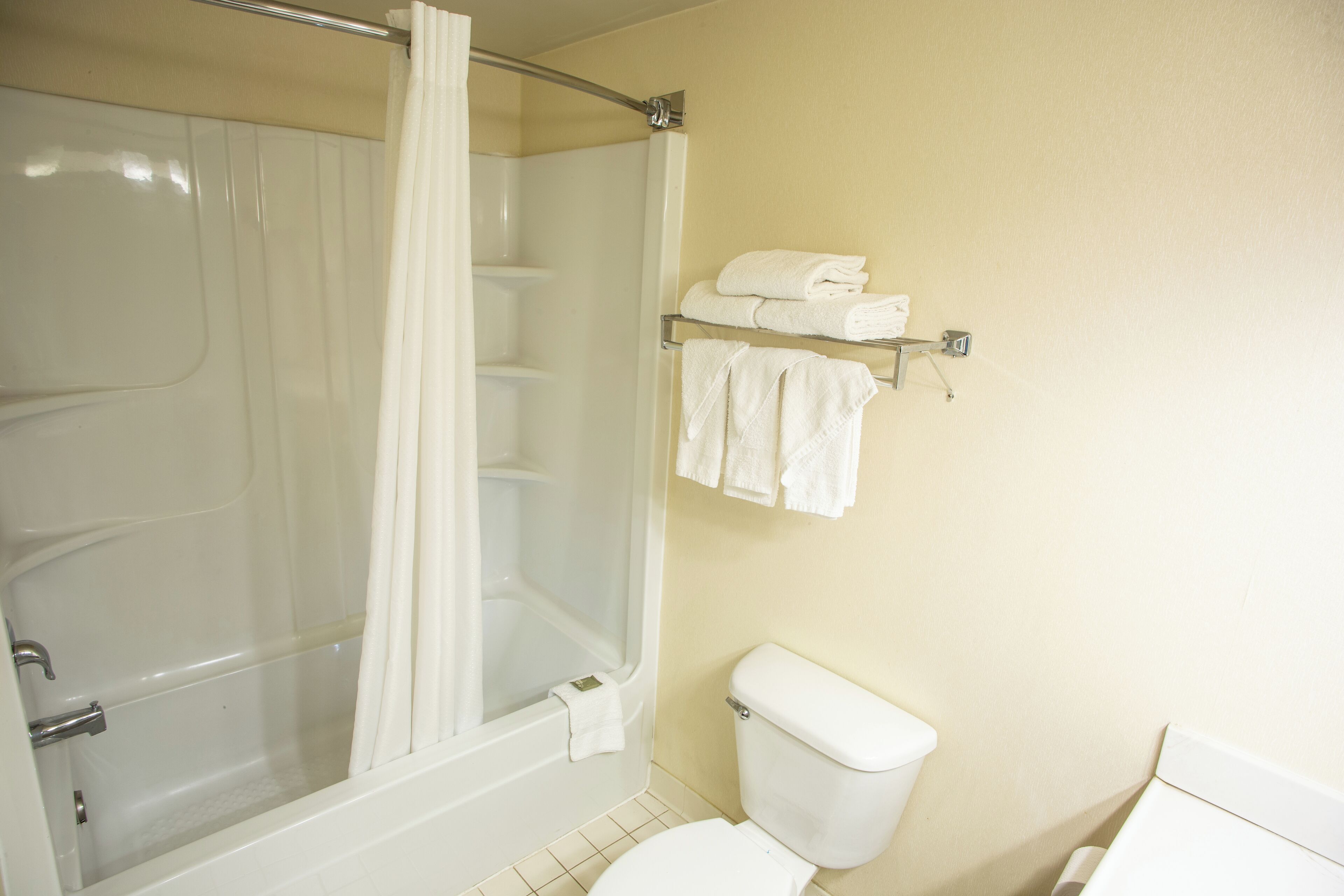 A bathroom with a glass-enclosed shower, a toilet, and a towel rack with folded towels.