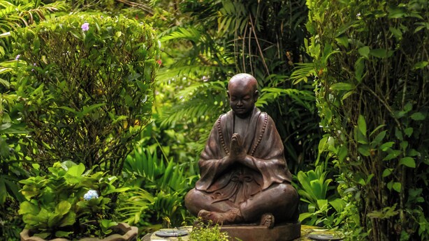 A statue of a seated figure in a garden setting. - Hotel Isla Verde (Boquete)