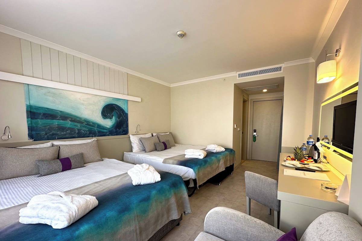 Ein Hotelzimmer mit zwei Betten, einem Schreibtisch mit Spiegel, einem Fernseher und einem Bild an der Wand.