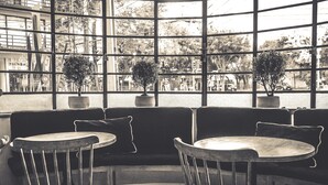 Una cafetería con un ventanal grande, dos plantas en macetas, un sofá y dos mesas redondas pequeñas.