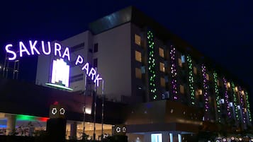 Sakura Park offers a modern exterior with a flat facade and vertically aligned windows.