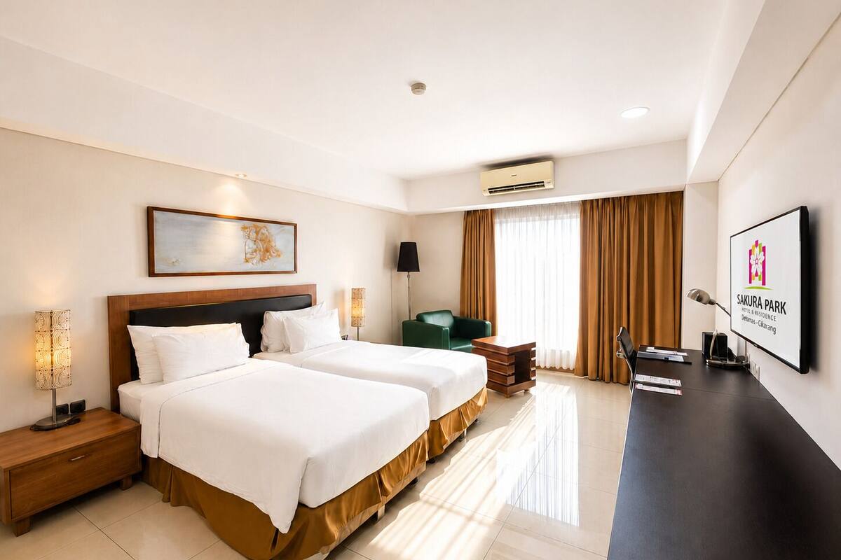 Quarto de hotel com duas camas, uma escrivaninha, uma cadeira, uma televisão e aparelho de ar condicionado.