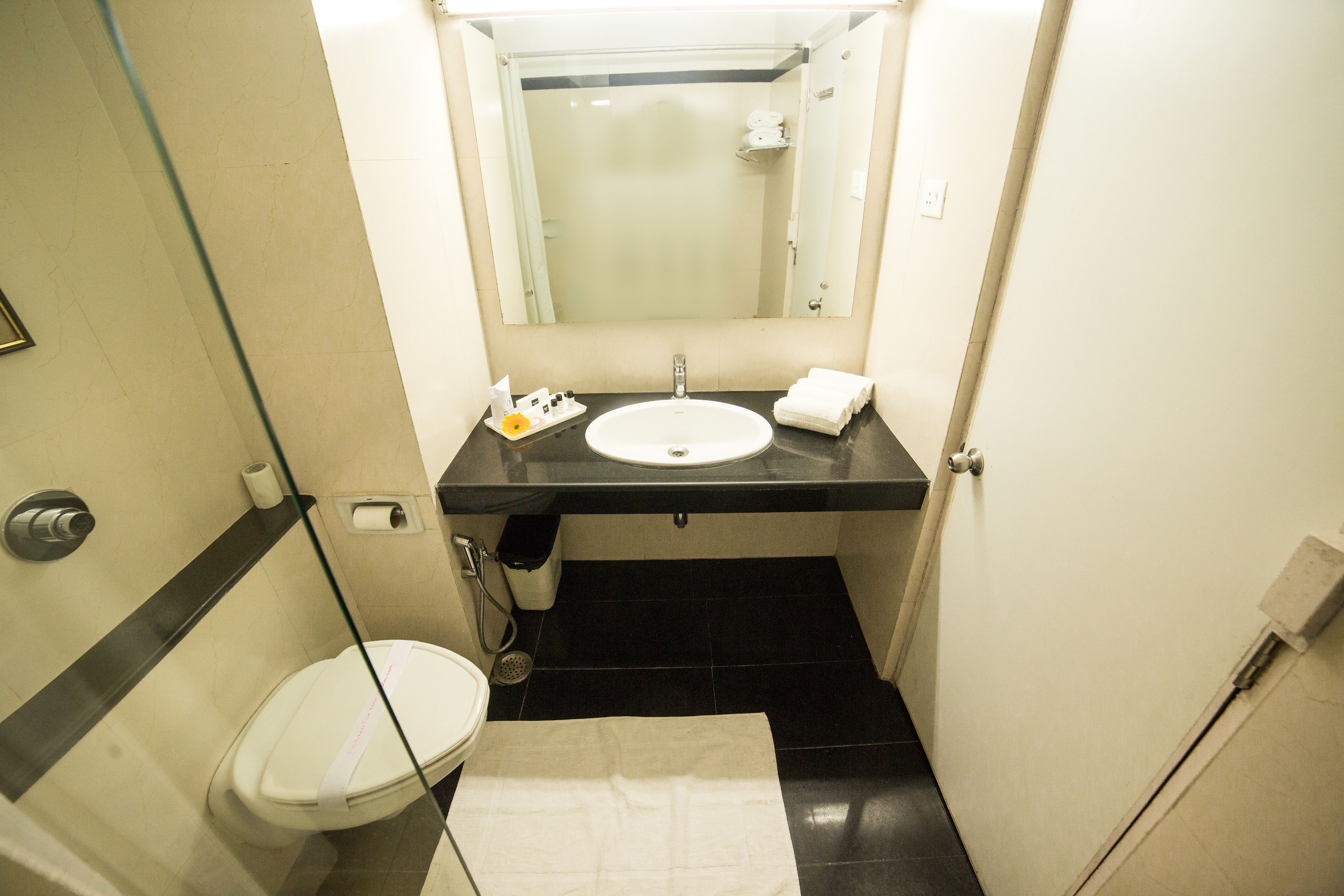 Une petite salle de bain avec un lavabo blanc, un miroir, des toilettes et un porte-serviettes.