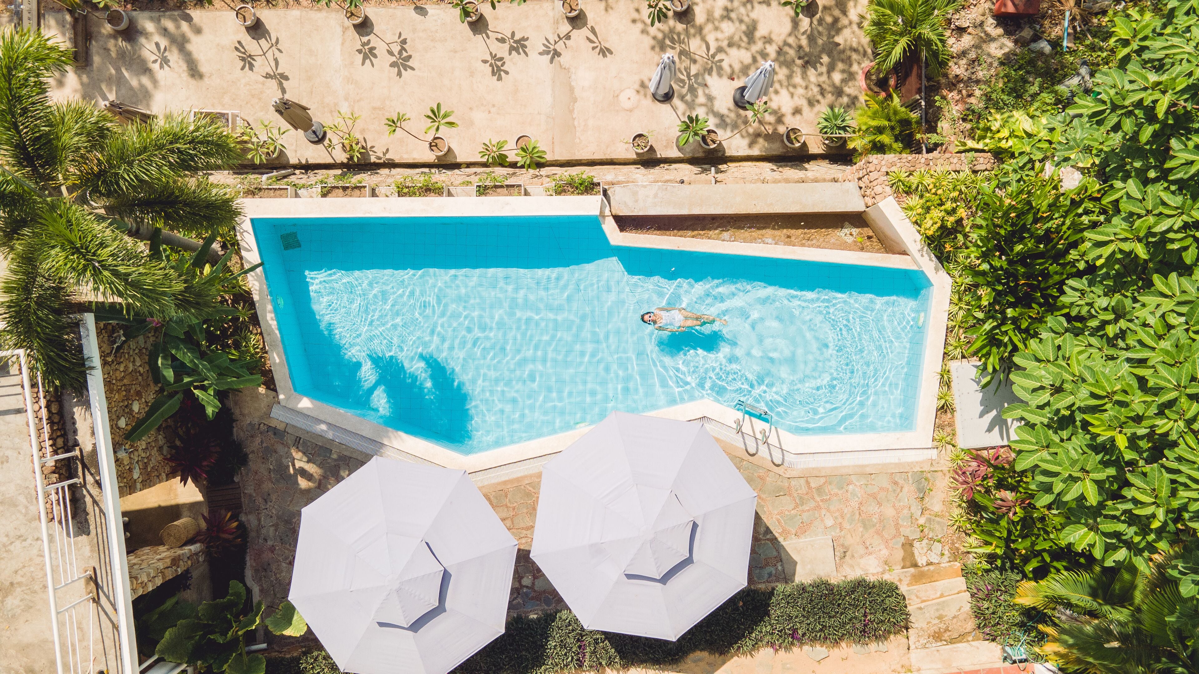 outdoor pool, pool umbrellas, pool loungers