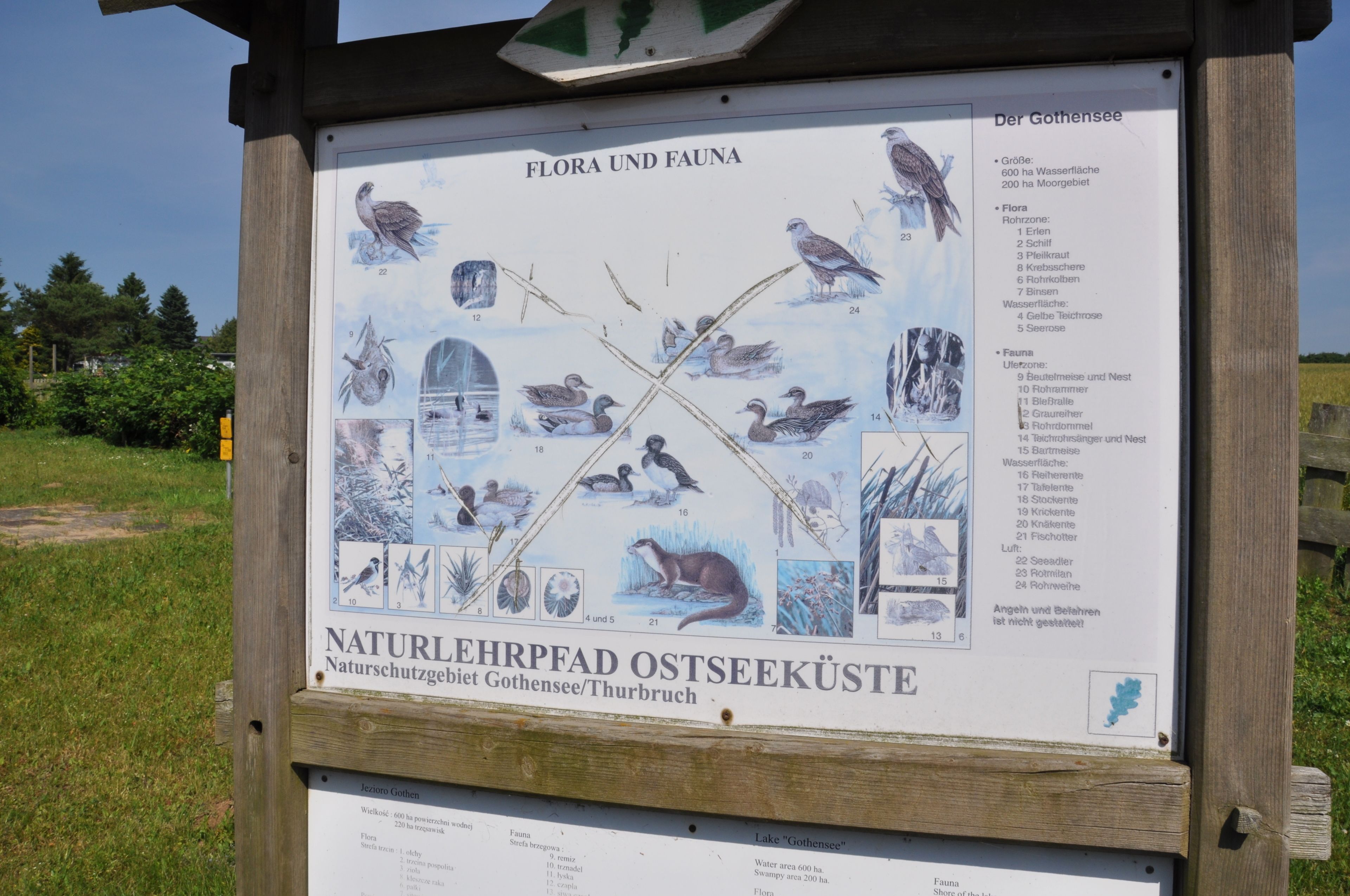 A signboard with illustrations of birds and plants, indicating a nature reserve.
