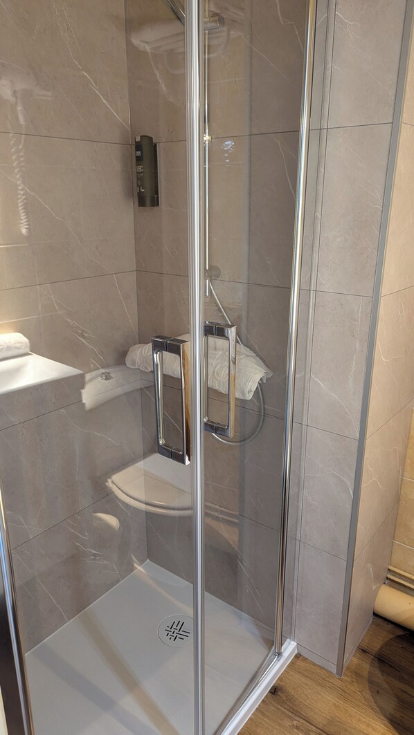 A glass-enclosed shower stall with a white toilet and a towel rack. - Hôtel La Fayette (Rochefort)