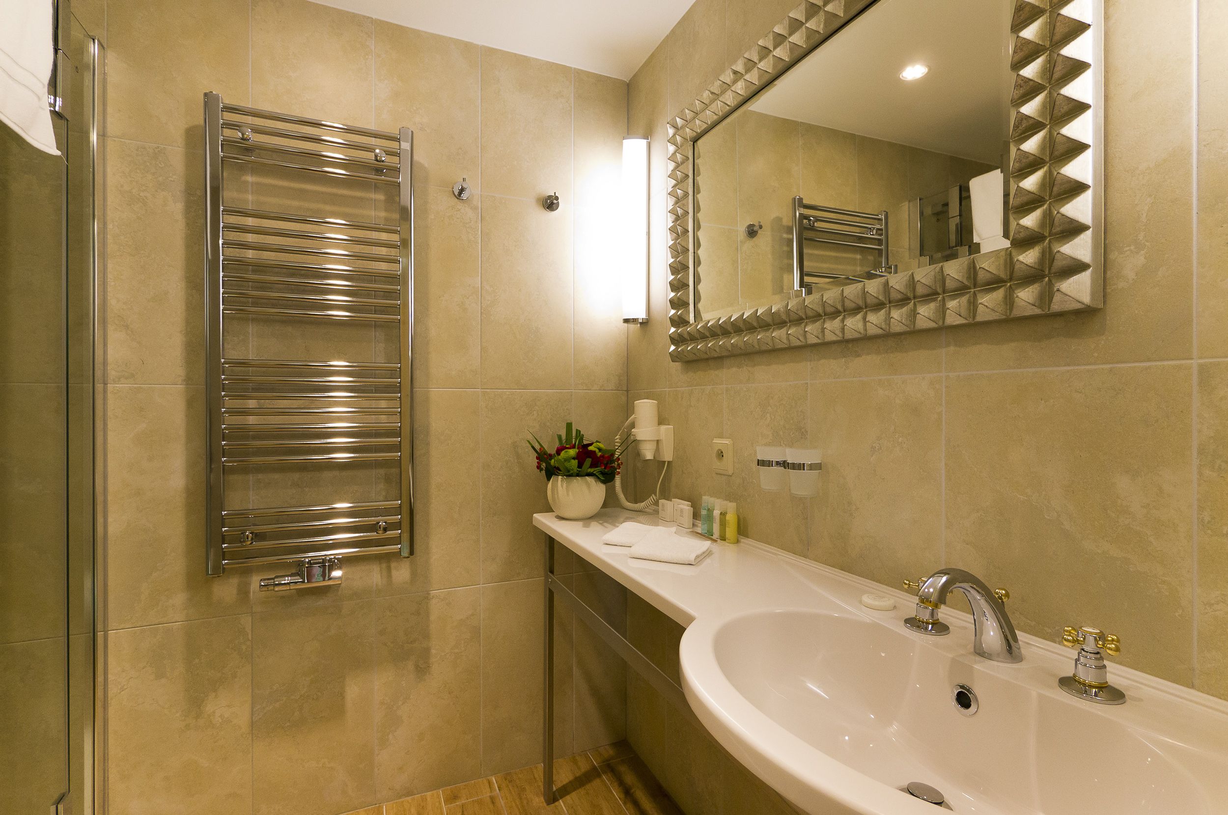 free toiletries, hair dryer, towels