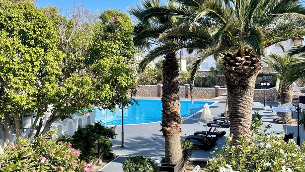 A pool area with palm trees, lounge chairs, and a stone wall. - Albatros Hotel (Santorini)