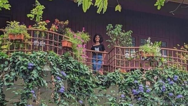 Un edificio con un balcón cubierto de follaje y flores moradas.