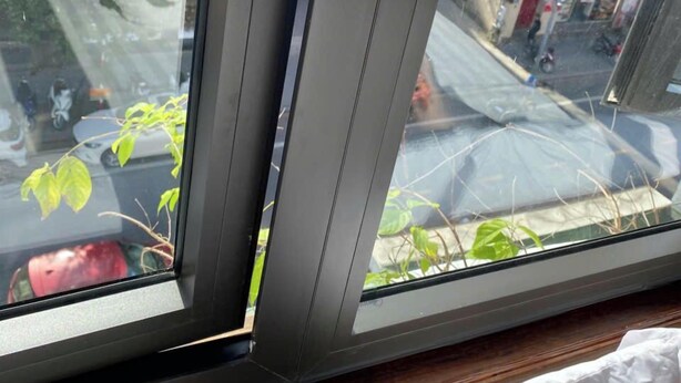 Una ventana con vistas a una escultura de cisne, una tienda Toyota y una escena callejera.
