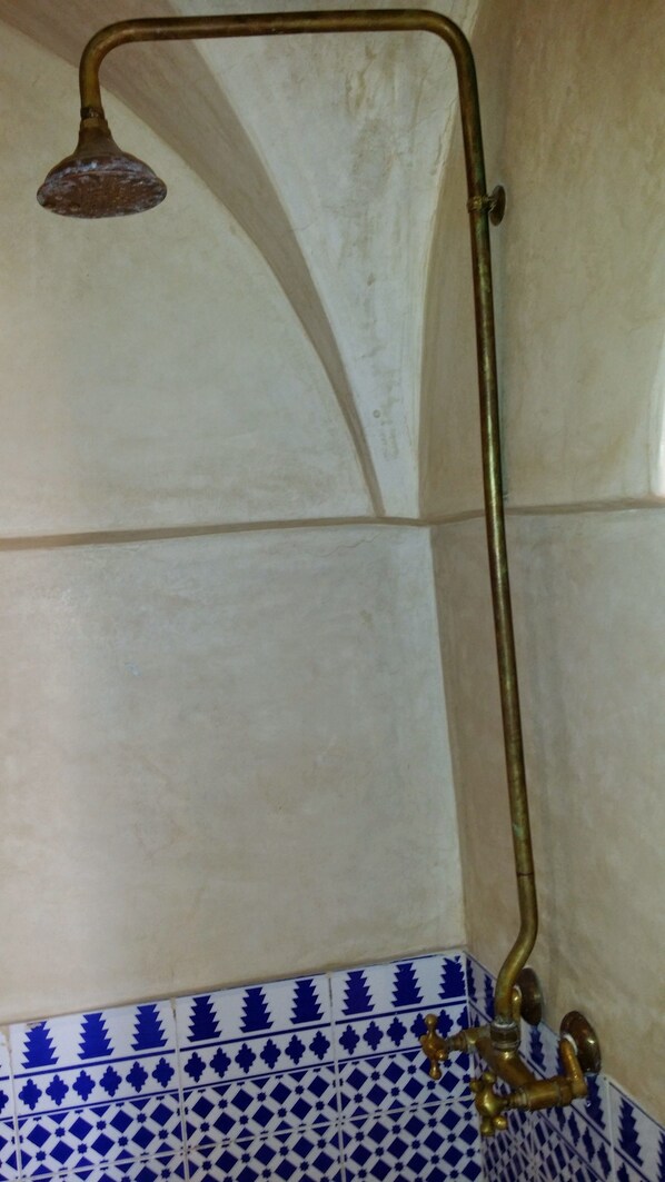 A bathroom with a shower head mounted on a curved metal fixture, a tiled floor, and a wall with a decorative tile pattern.