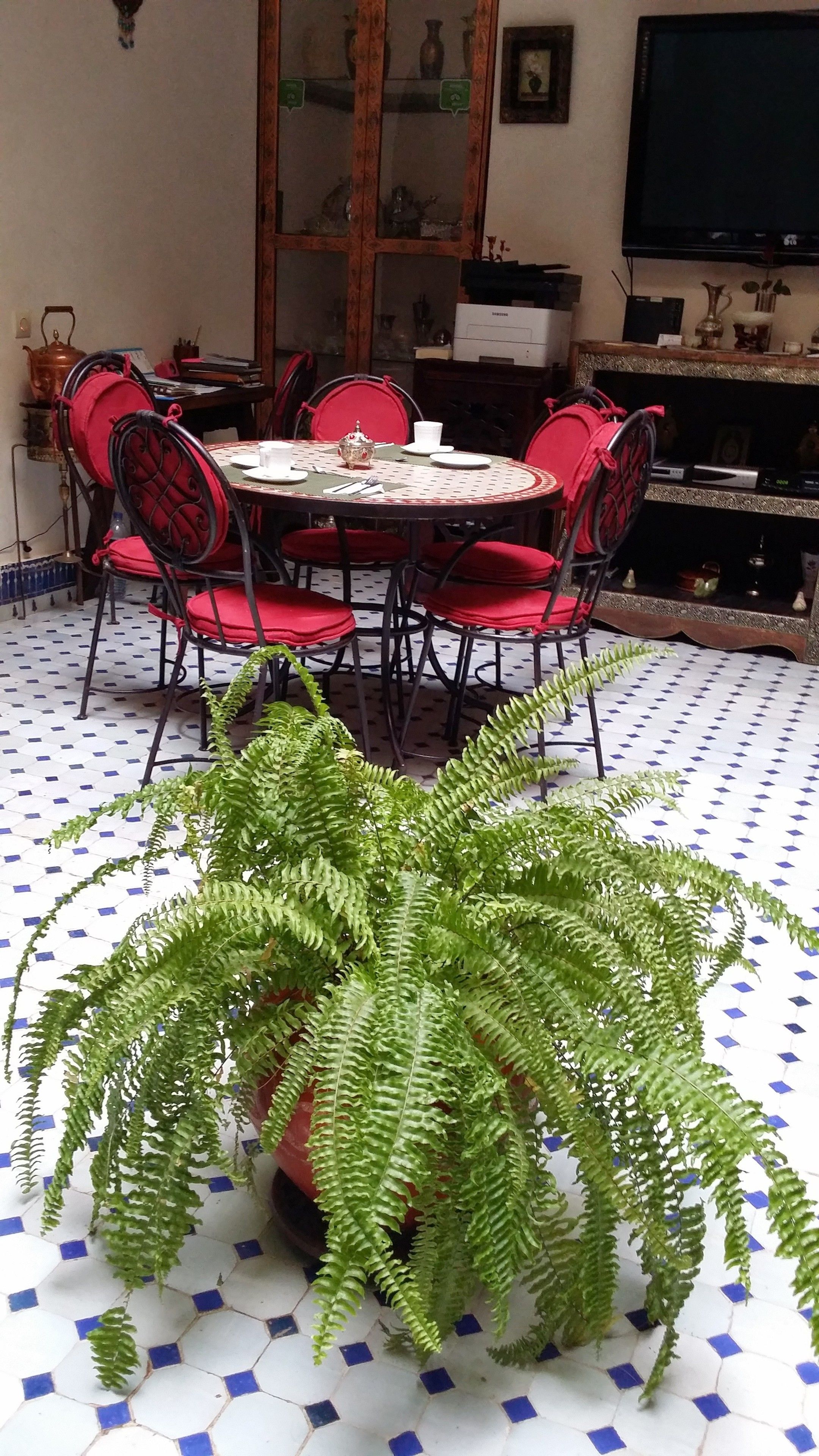 A dining area with a round table, red chairs, and a potted fern.