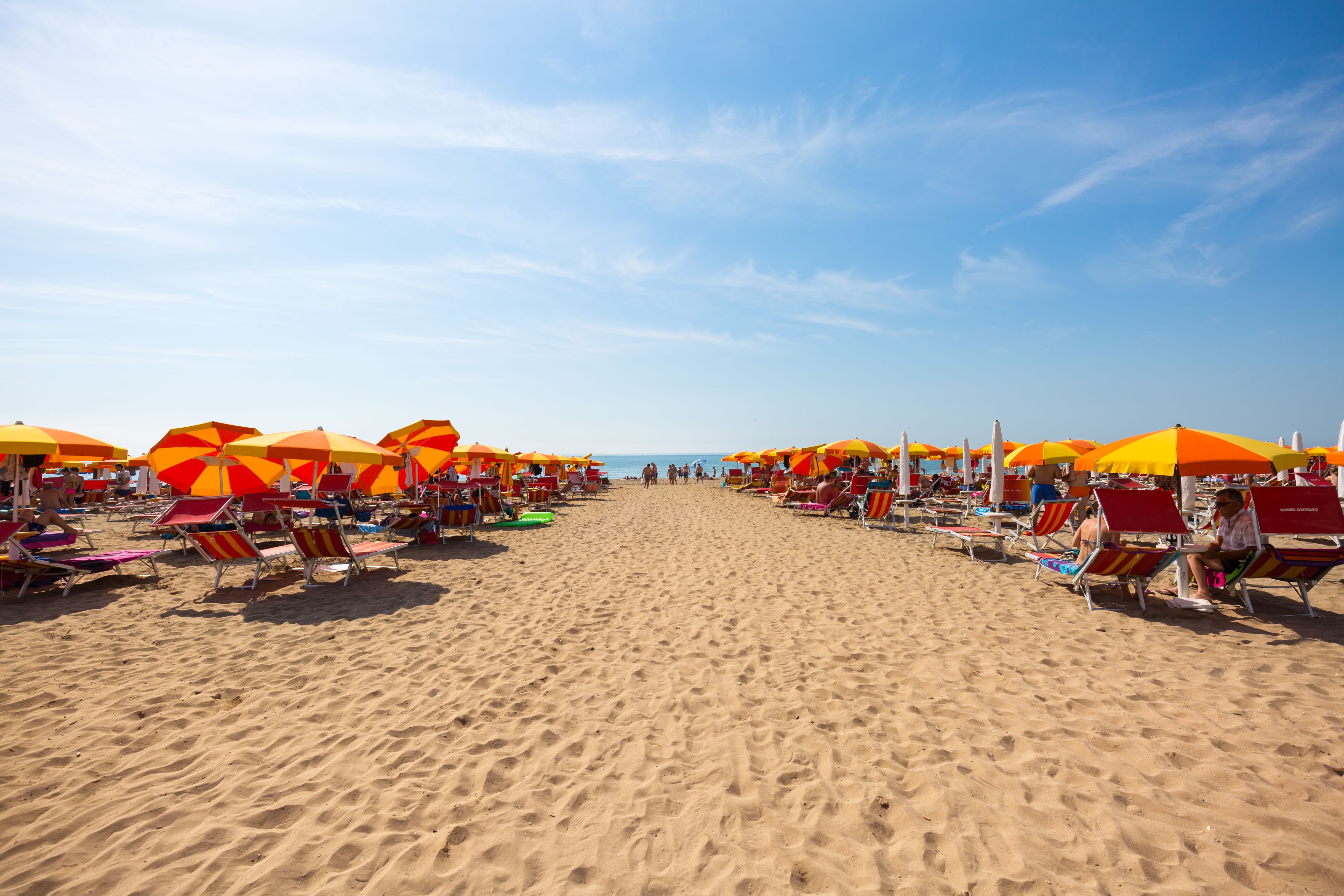 Une plage bordée de rangées de chaises longues et de parasols.