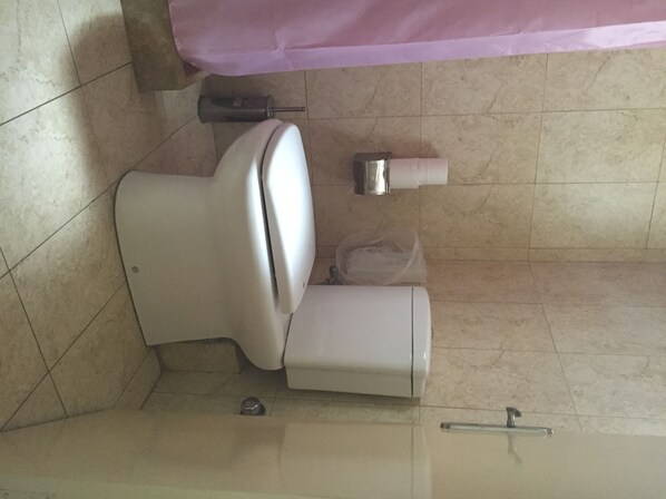 Un baño con inodoro, un bote de basura y un dispensador de papel higiénico en la pared.