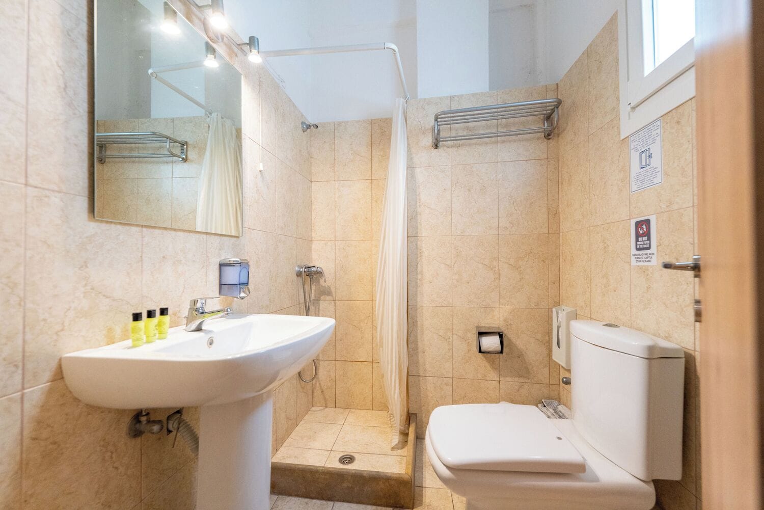 Een badkamer met een wastafel, toilet, douche en spiegel.