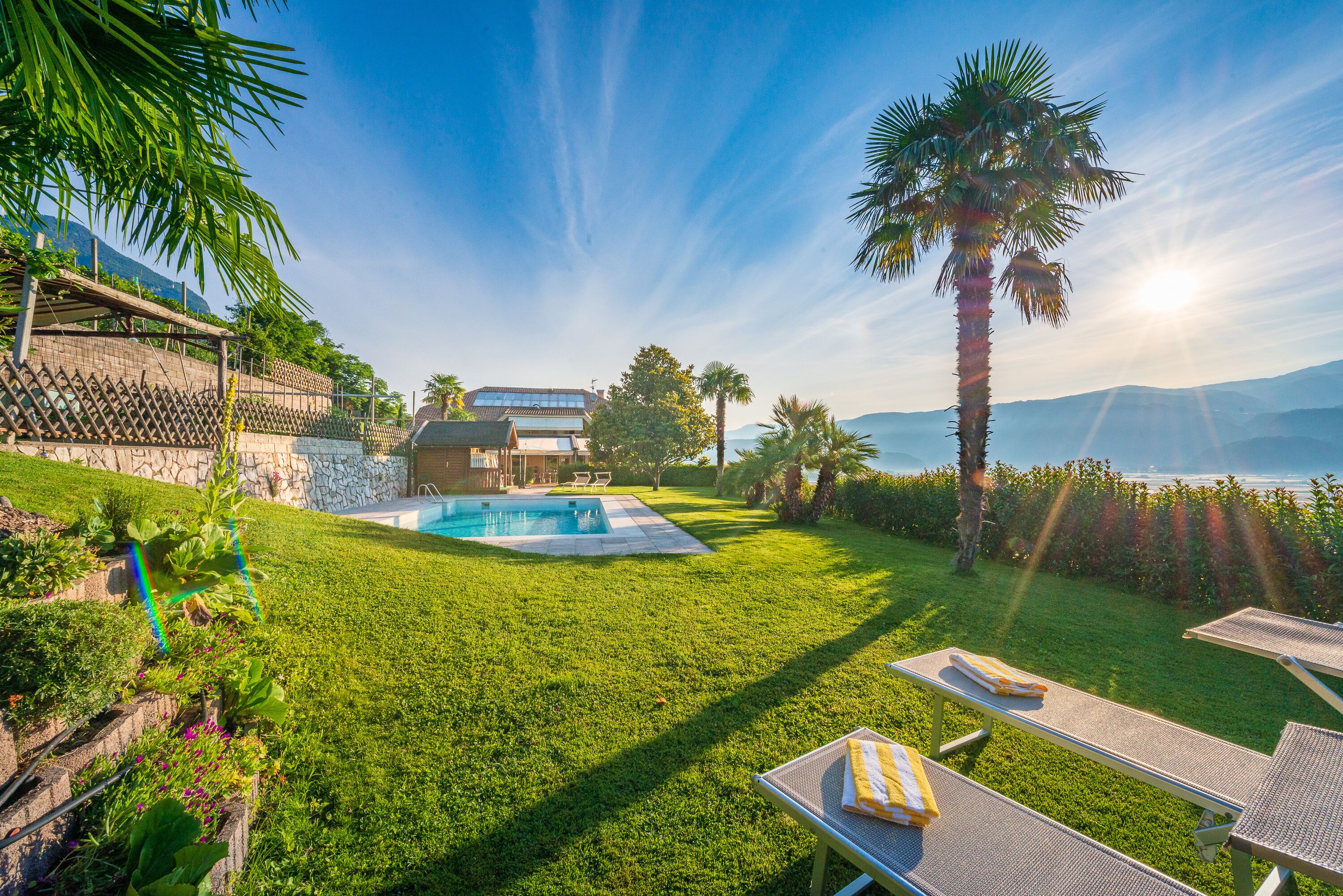 室外泳池；躺椅