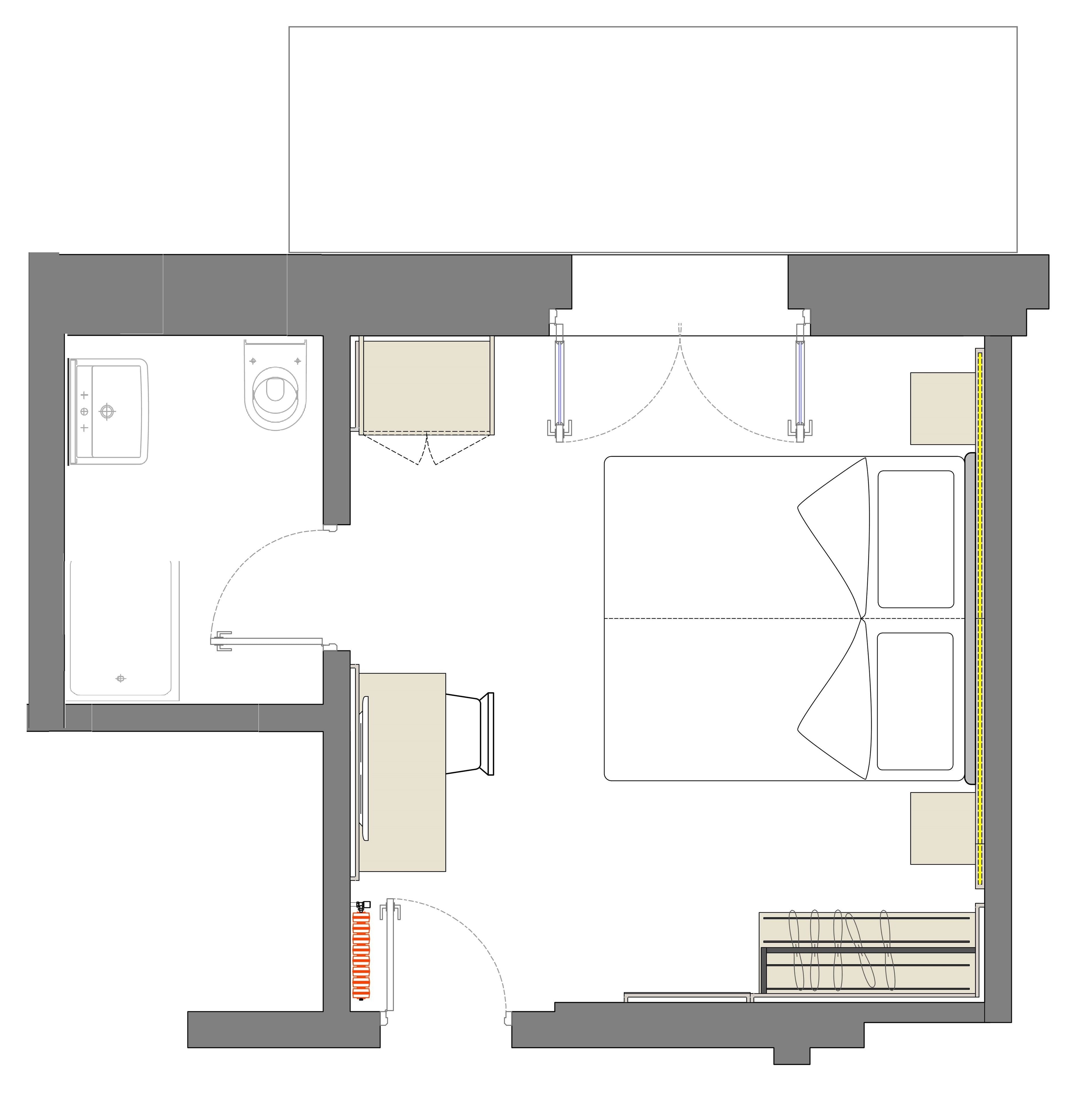 Plano de planta de un hotel con cocina, comedor y un amplio salón.