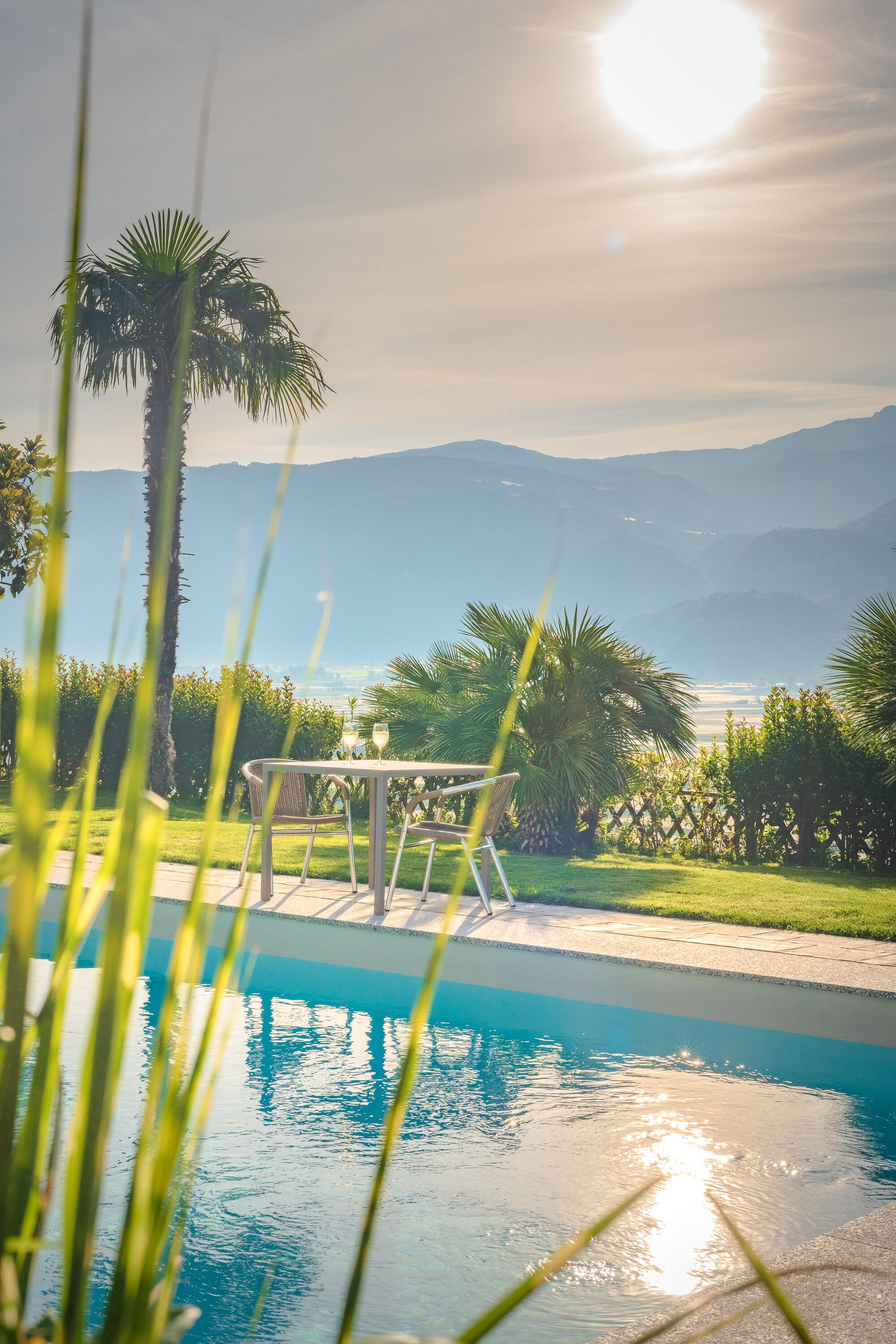 Piscina con mesa y sillas, rodeada de palmeras y vista a las montañas.