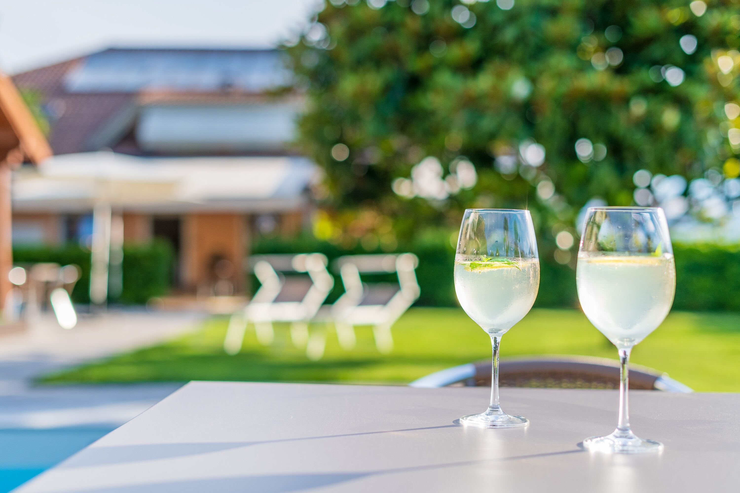 Two glasses of white beverage on a table with a blurred outdoor background.