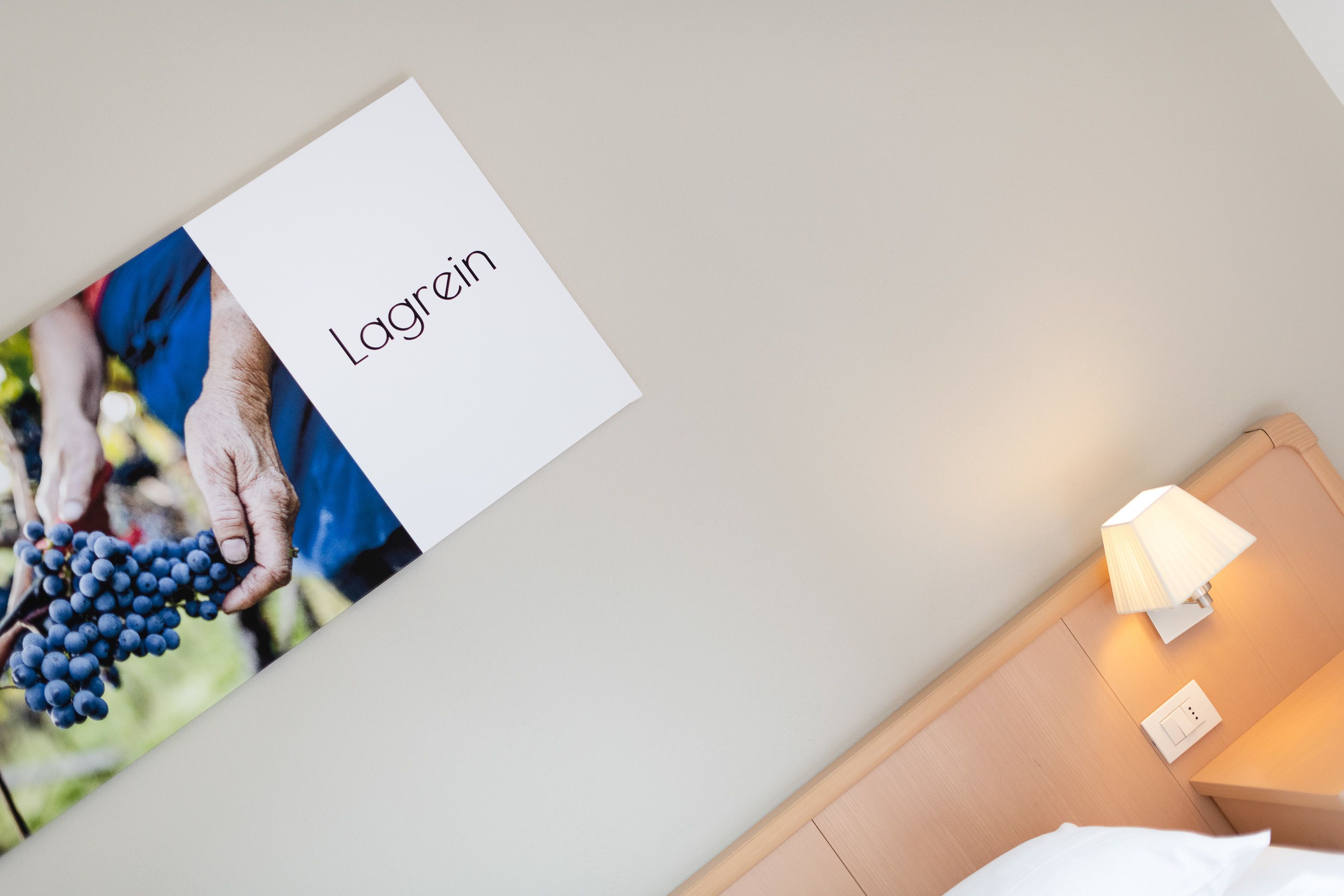 Camera d'albergo con un letto, un comodino con una lampada e un quadro appeso raffigurante grappoli d'uva con la scritta "Lagrein".
