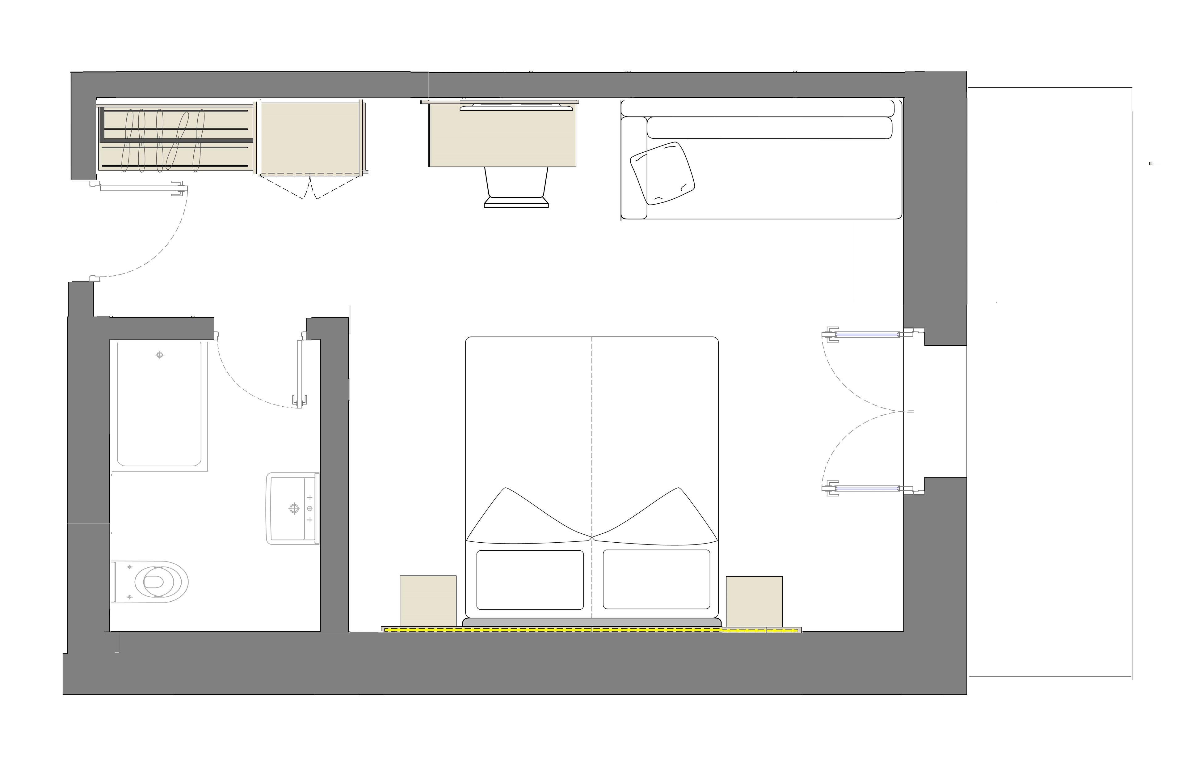 Ein Grundriss eines Hotelzimmers mit Bett, Schreibtisch, Stuhl, Kleiderschrank, Badezimmer und Fenster.