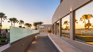 Un pasillo moderno de hotel con paredes de vidrio, palmeras y vista al atardecer.