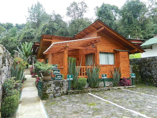 A wooden cabin with a covered porch, surrounded by lush greenery and a stone pathway. - Cabañas El Estribo Hotel (Valle de Bravo)