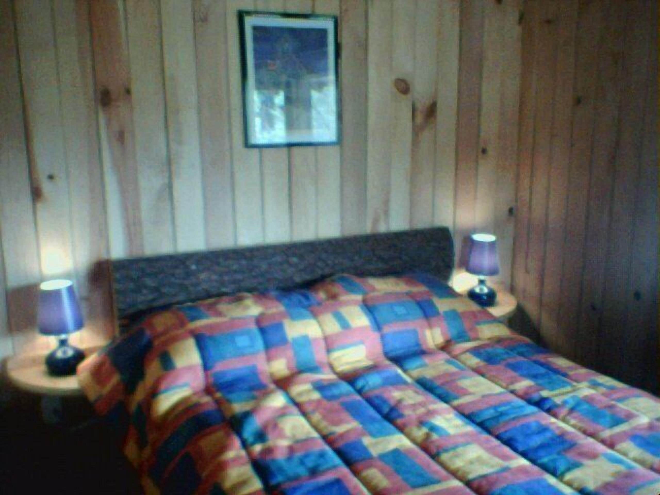 Une chambre avec un mur en bois, un lit recouvert d’une courtepointe aux couleurs vives, deux lampes de chevet et un tableau encadré accroché au mur.