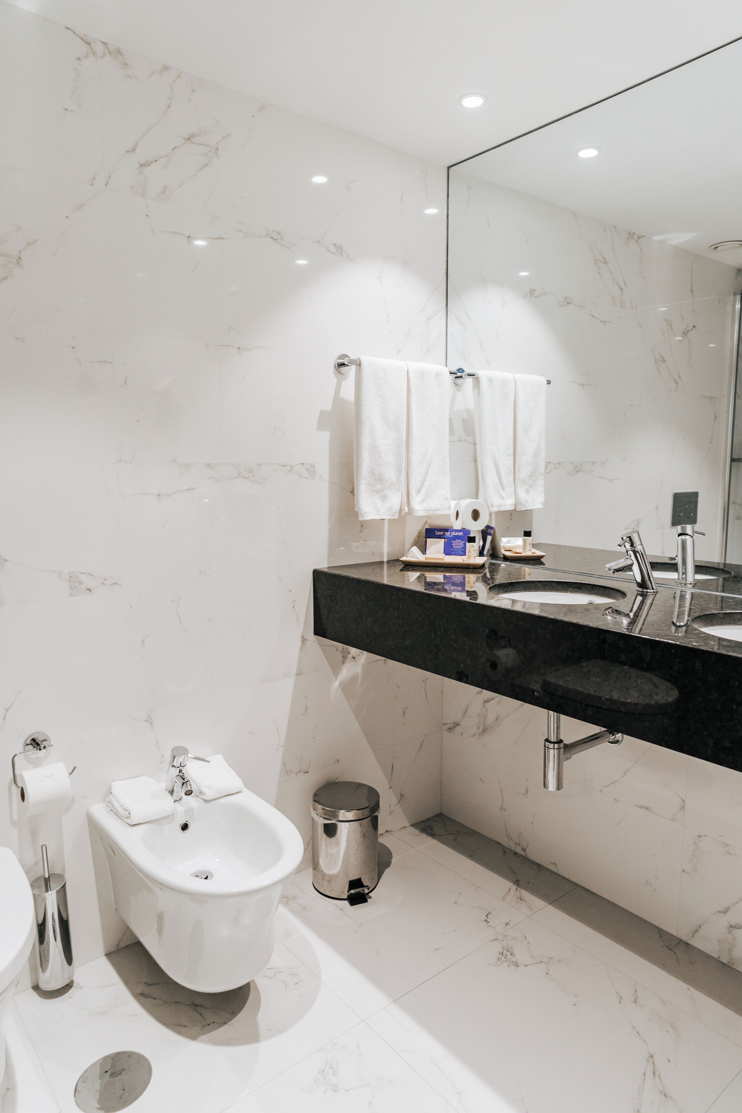 Une salle de bain moderne équipée d’un bidet, d’un lavabo et d’un miroir.