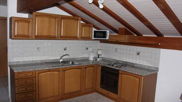 Departamento estándar, 1 habitación, vista a la montaña (II - 80 CHF Cleaning Fee) | Cocina privada | Refrigerador, microondas, parrilla de estufa y cafetera y tetera