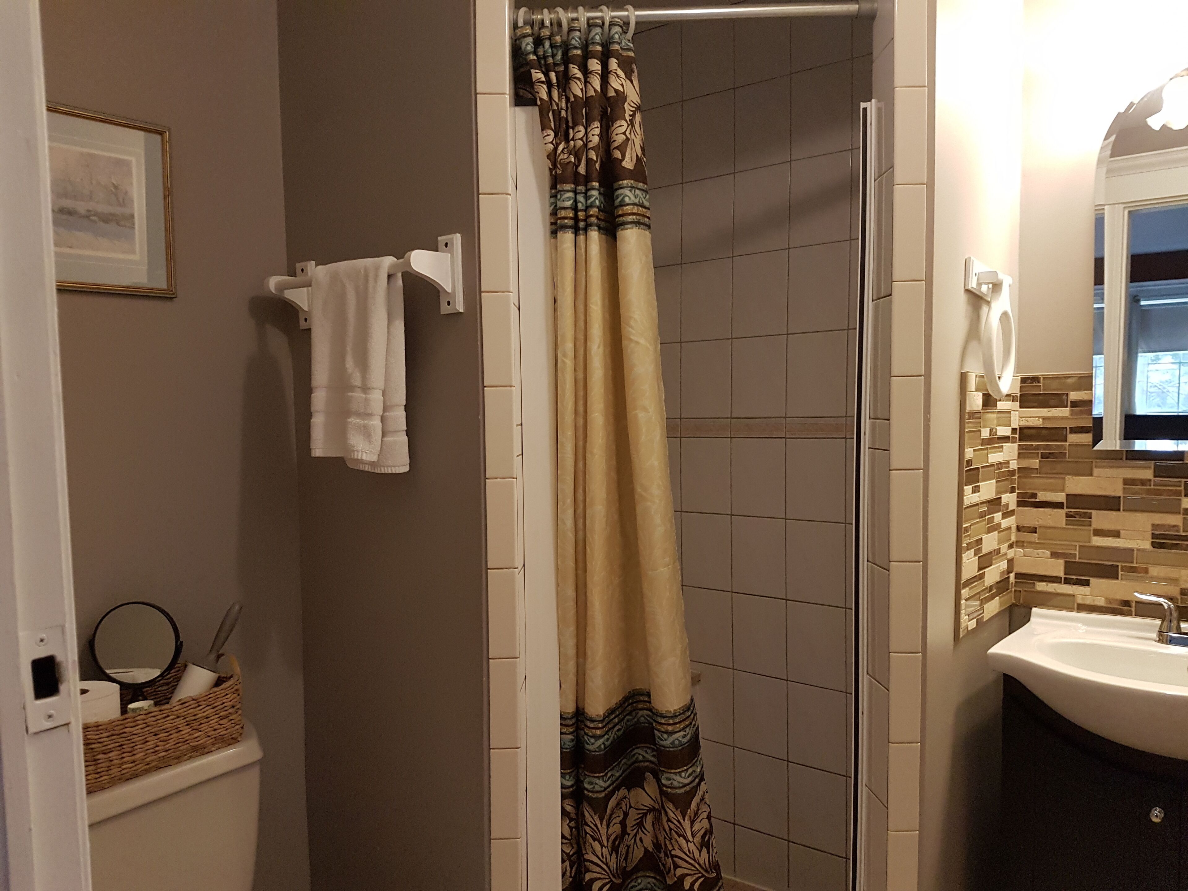 A bathroom with a shower curtain, a sink, and a mirror.