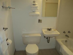 Combined shower/bathtub, free toiletries, hair dryer