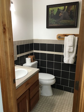 A bathroom with a toilet, sink, and wooden cabinets. A framed picture hangs on the wall above the toilet. - Twin Peaks Lodge and RV Park (Seward)