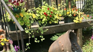 A garden with various potted plants and flowers, a wooden structure, and a statue. - Twin Peaks Lodge and RV Park (Seward)