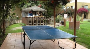 Mesa de ping pong en un jardín con una estructura de techo de paja y una valla de madera al fondo.