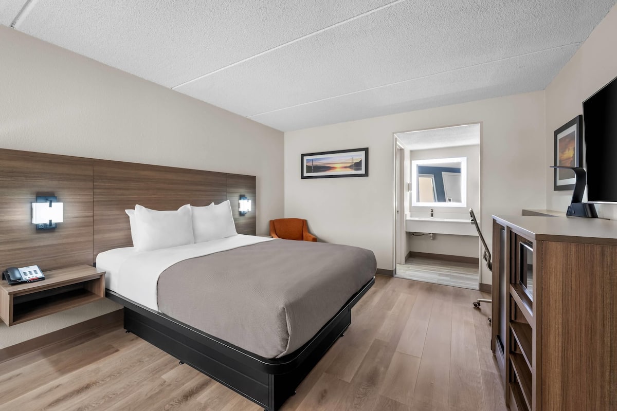 A hotel room with a bed, bedside table, chair, desk, TV, and artwork on the walls.
