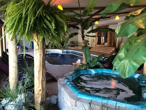 A pool area with a hot tub, surrounded by tropical plants and wooden beams. - Euro Spa Centre de Santé Auberge (Saint-Ignace-de-Stanbridge)