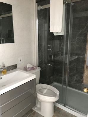 A bathroom with a white toilet, a glass-enclosed shower, and a white sink with a mirror above it. - Euro Spa Centre de Santé Auberge (Saint-Ignace-de-Stanbridge)