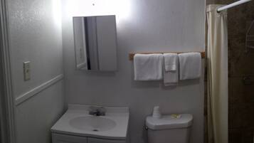 Economy Room, 1 Queen Bed | Bathroom | Shower, free toiletries, hair dryer, towels
