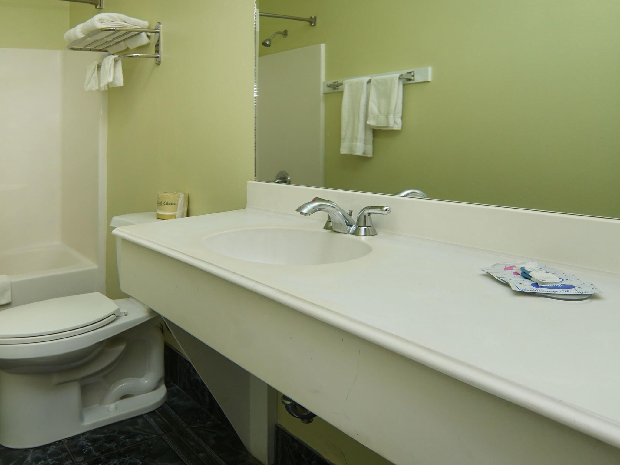 A bathroom with a white sink, a toilet, a shower, and a mirror.