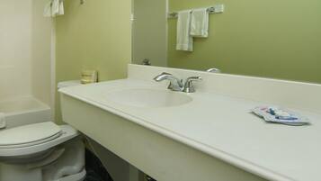 A bathroom with a white sink, a toilet, a shower, and a mirror.