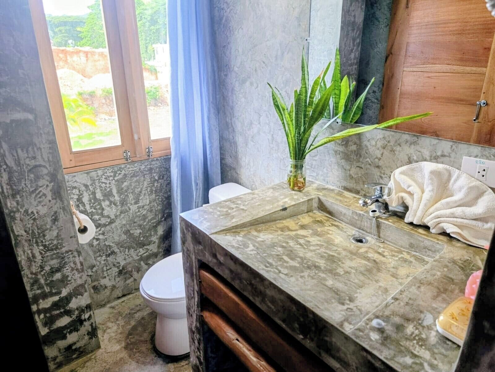 Un baño con lavamanos de mármol, inodoro blanco, puerta de madera y planta en maceta.