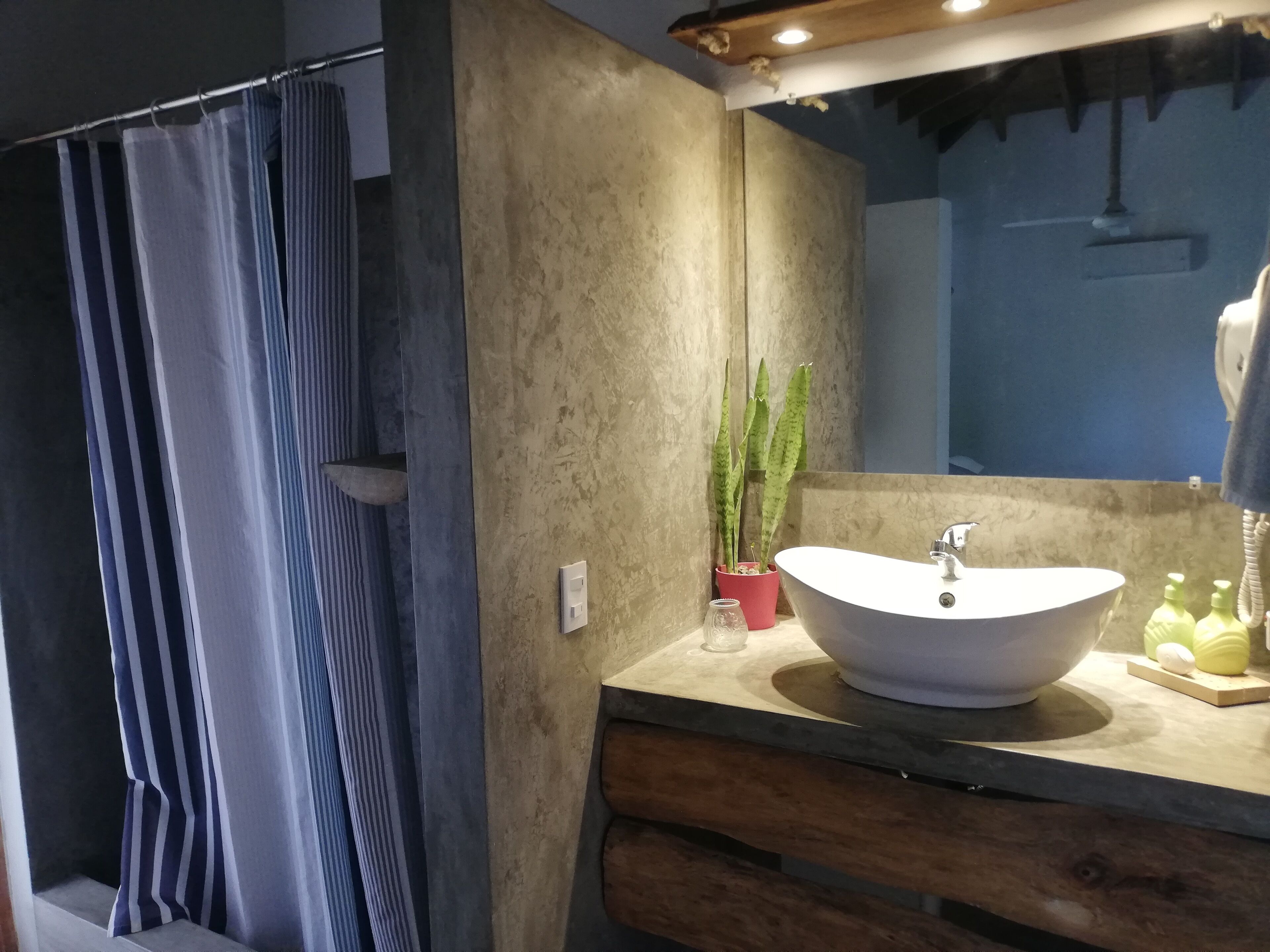 A bathroom with a large sink, a mirror, a potted plant, and a shower curtain.