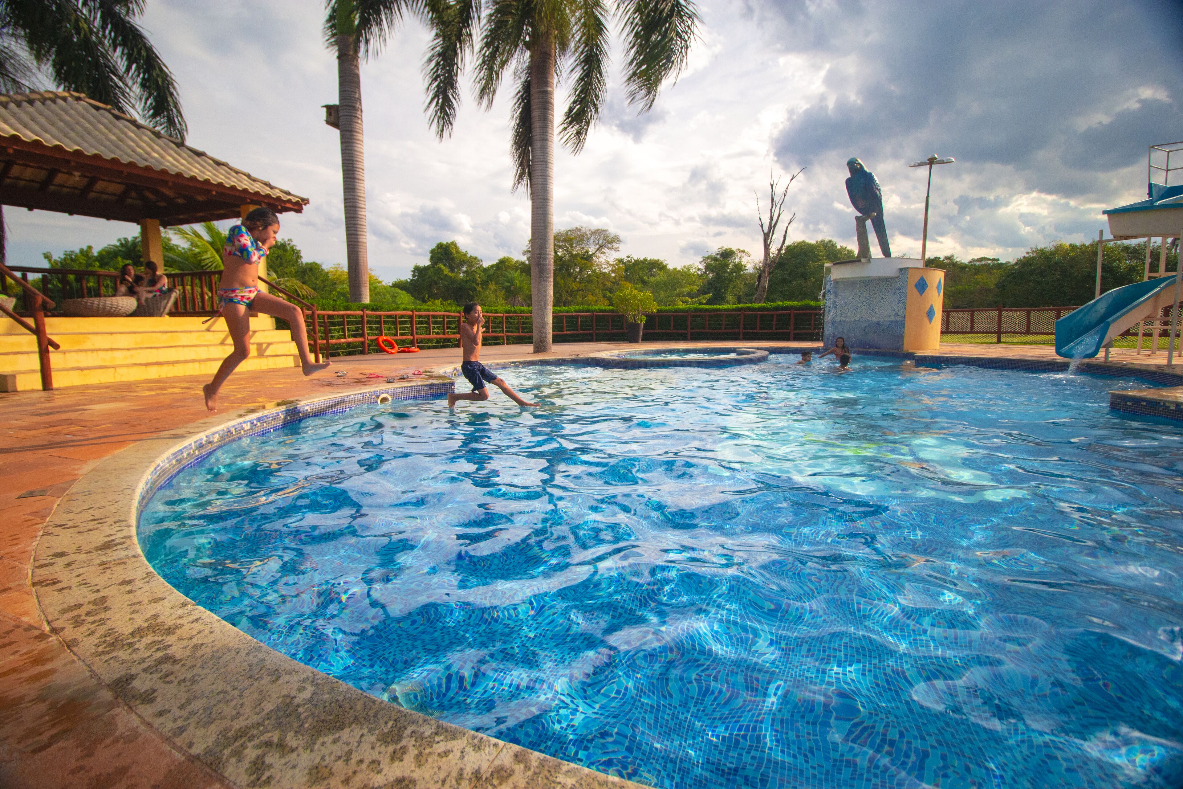 outdoor pool, pool loungers