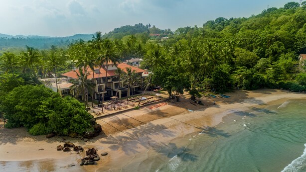 A beachfront property with a pool area, palm trees, and a view of the ocean. - Cocobay Unawatuna (Unawatuna)