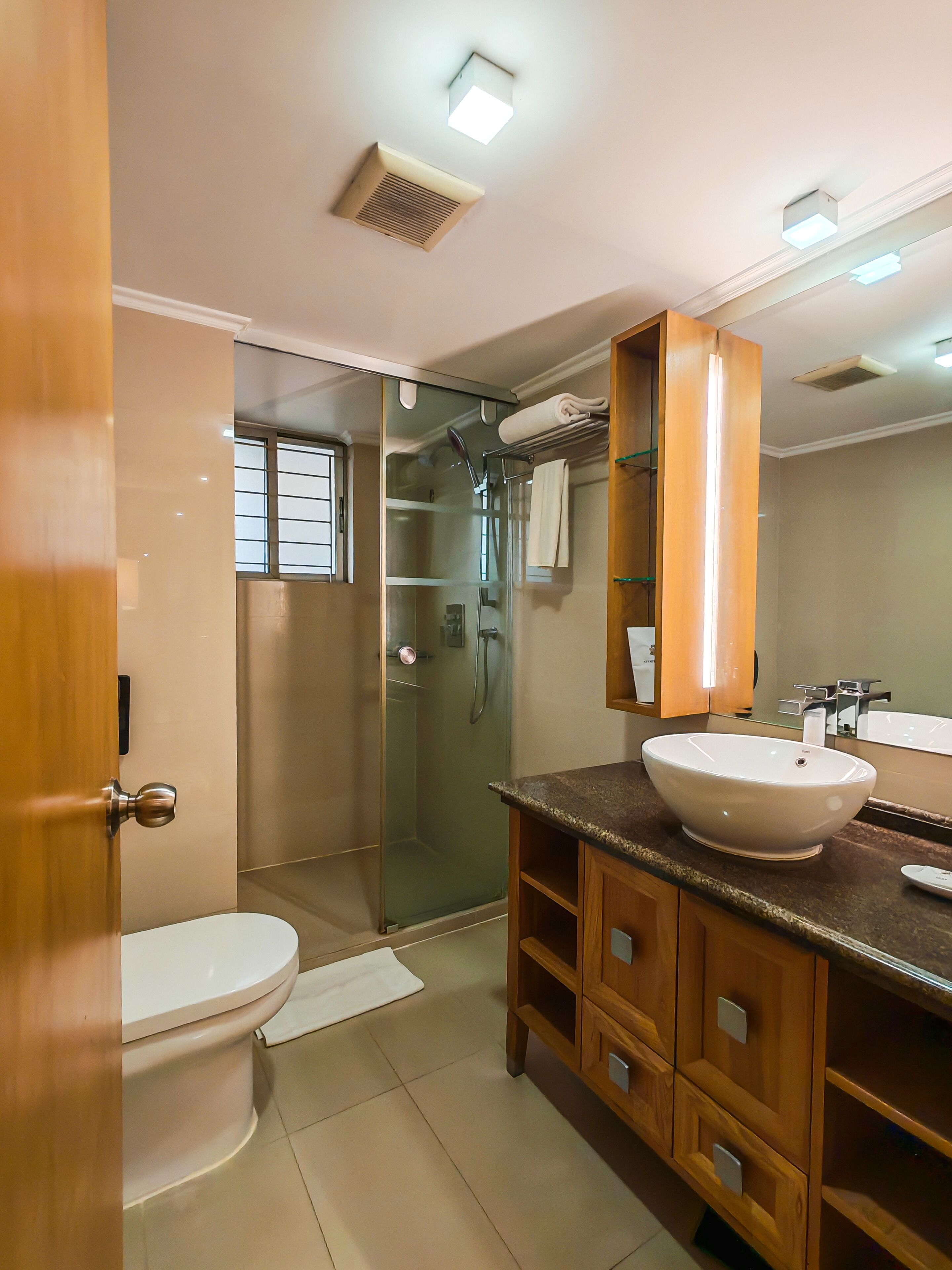 Shower, hair dryer, bathrobes, slippers