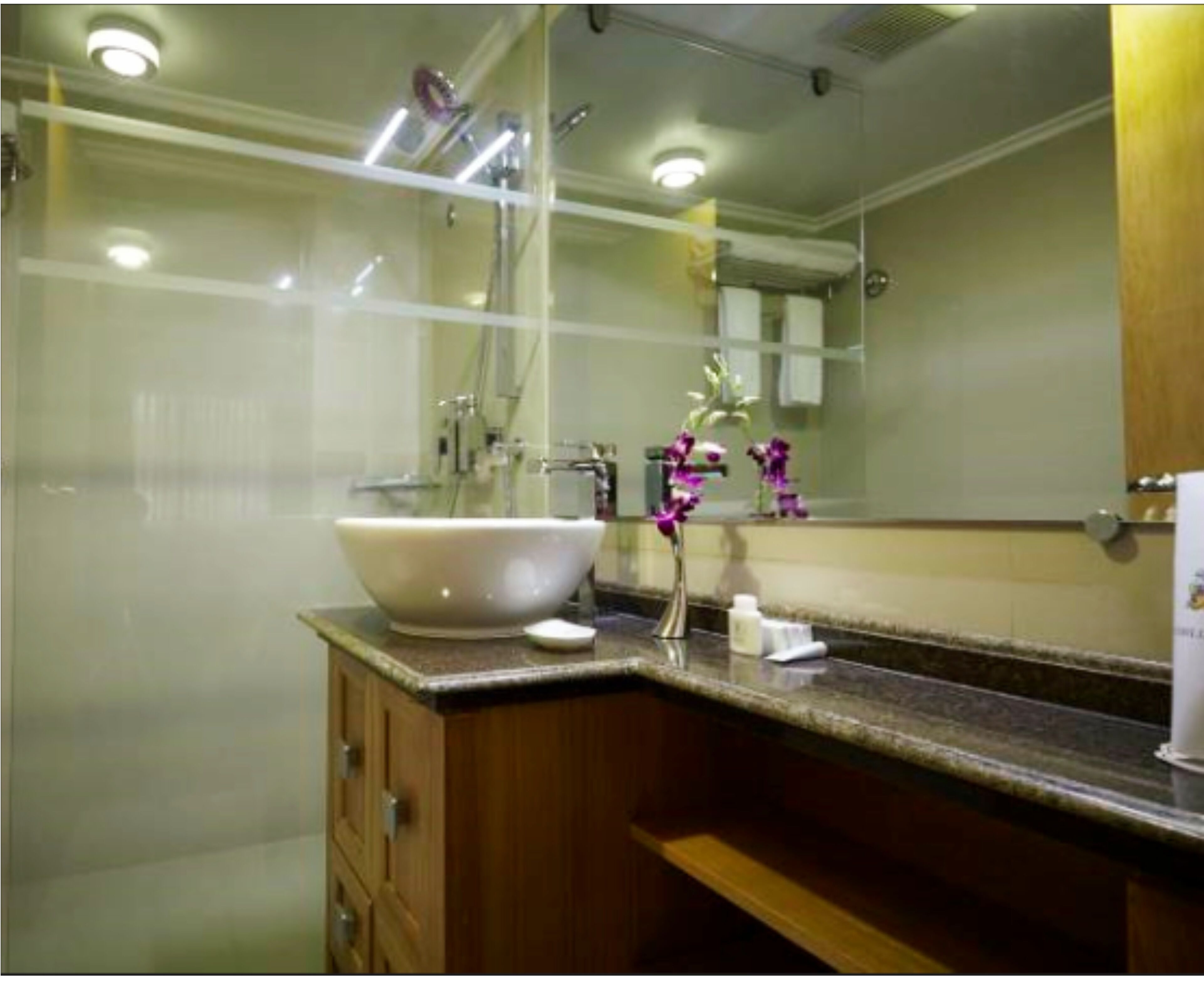 queen queen room | bathroom | shower, hair dryer, bathrobes, slippers