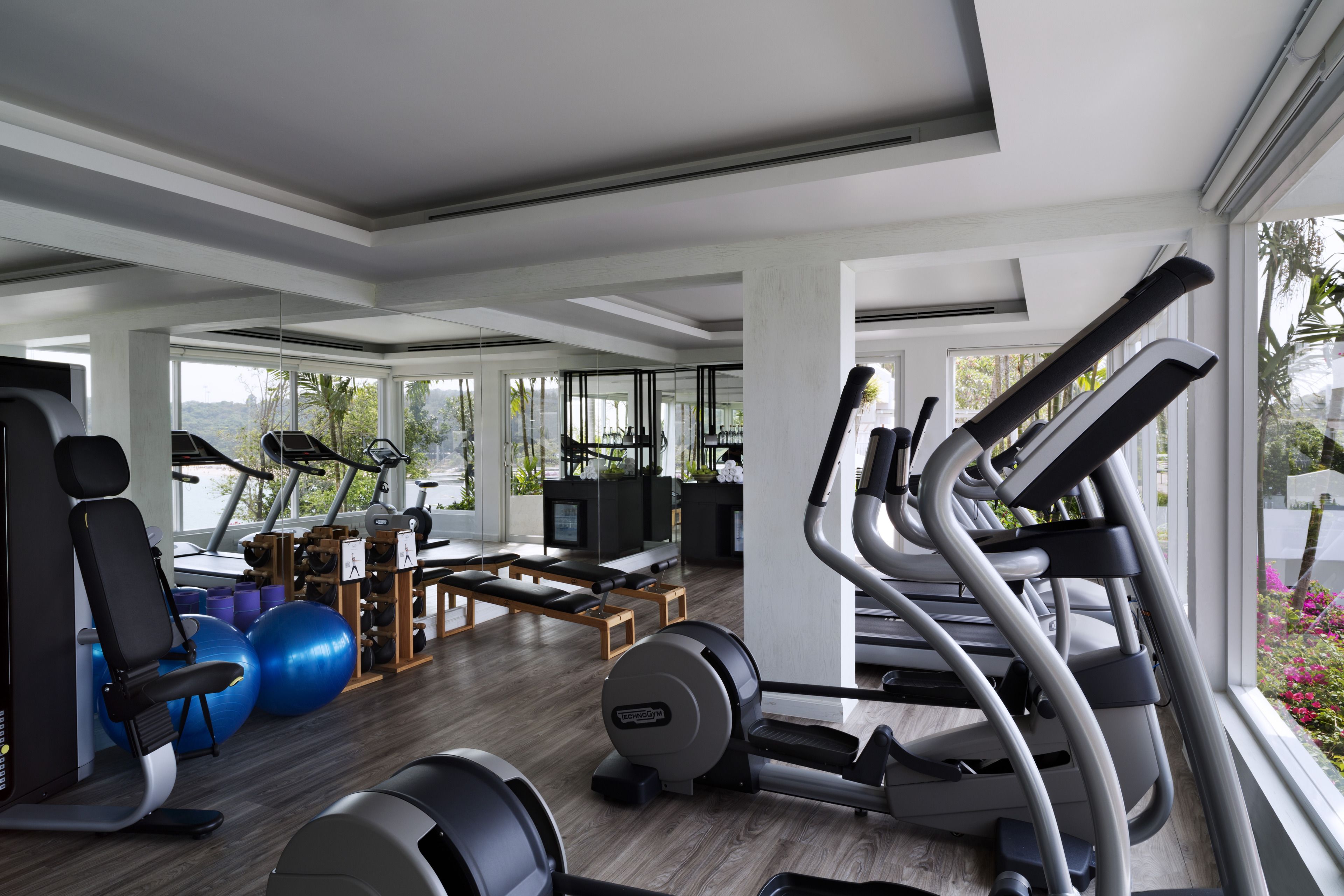 A modern gym with exercise equipment, large windows, and a view of greenery.
